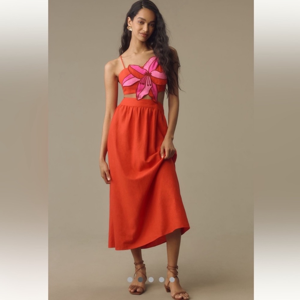 FARM Rio Pink Floral Cutout Midi Dress with Red Skirt